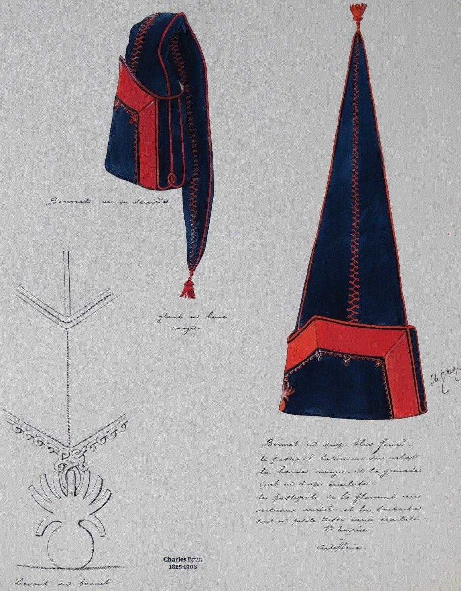 Charles BRUN 1825-1908 Bonnet d'uniforme d'artilleur du 1er Empire, dessin, Napoléon