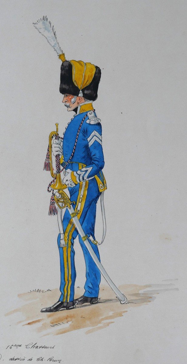Charles Brun 1825-1908 Major Trumpet Uniform Of The 15th Hunters, Drawing, Napoleon, Empire