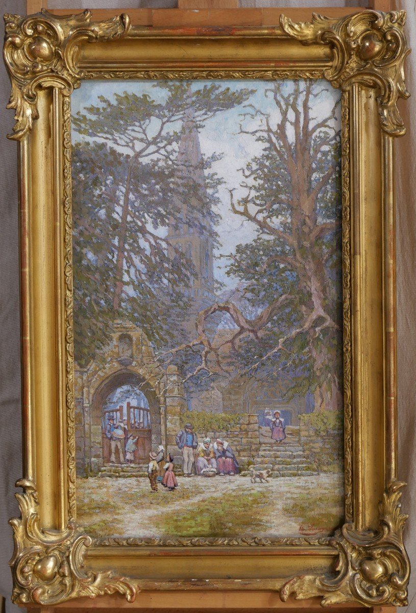 Breton School Around 1900, Brittany, Landscape At The Exit Of The Church, Signed Painting-photo-2