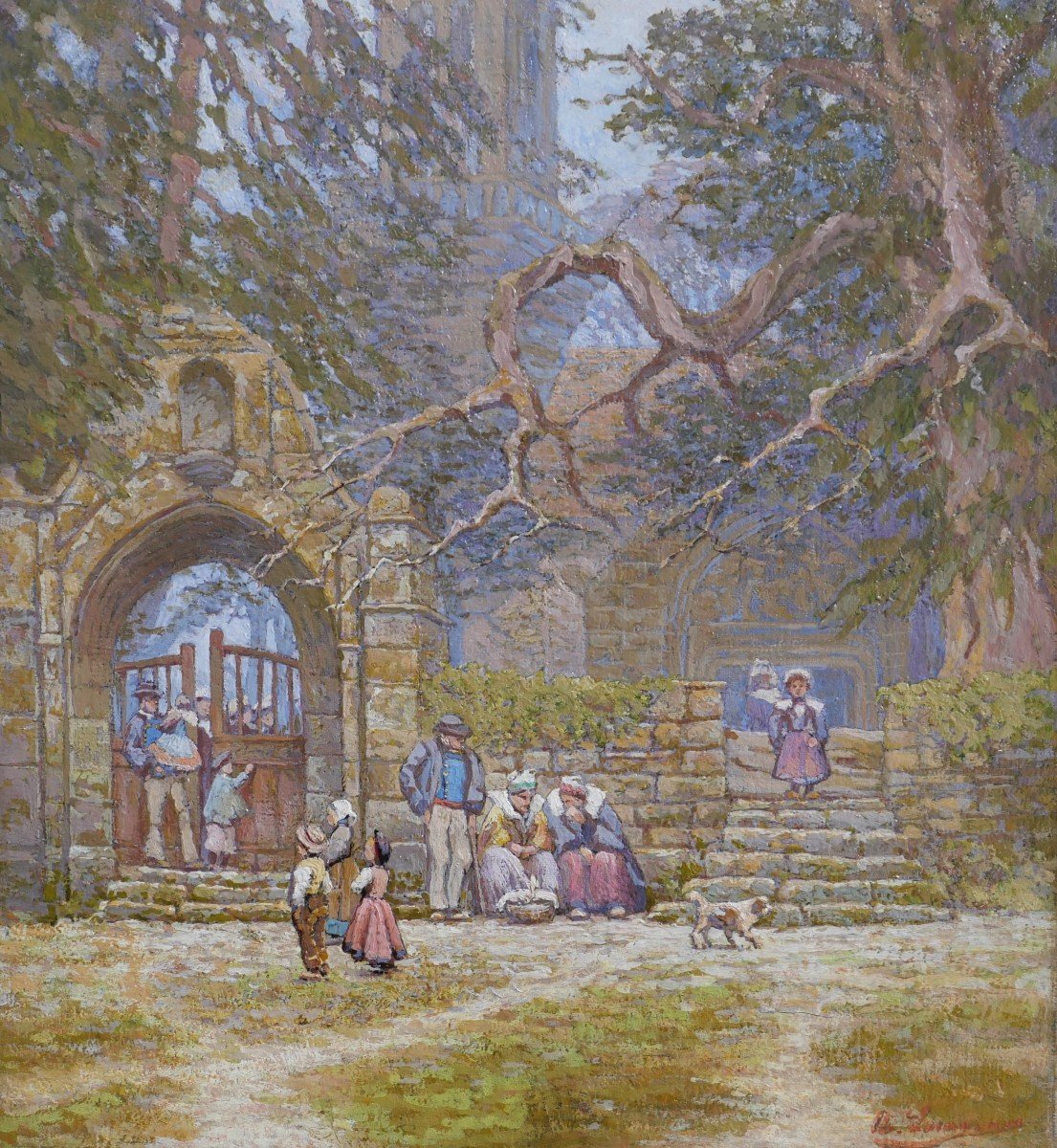 Ecole bretonne vers 1900, Bretagne, la sortie de l'église, tableau signé-photo-4