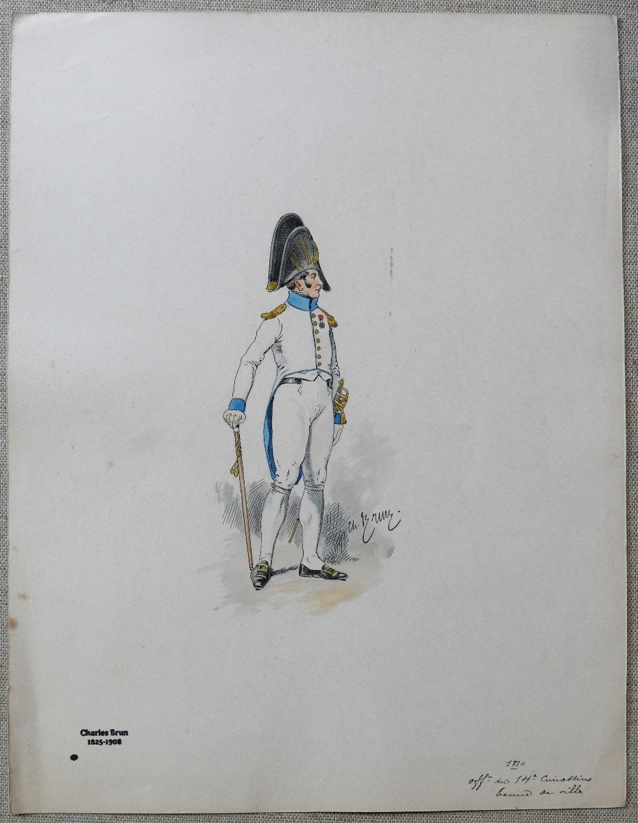 Charles BRUN 1825-1908 Portrait d'un officier du 14e cuirassiers 1810, dessin, Napoléon, Empire-photo-2