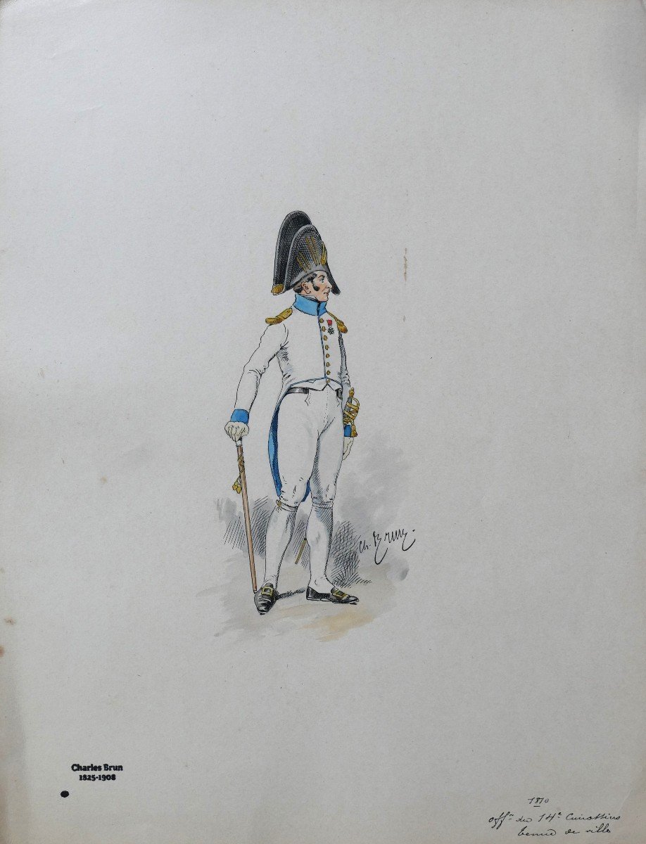 Charles BRUN 1825-1908 Portrait d'un officier du 14e cuirassiers 1810, dessin, Napoléon, Empire-photo-3
