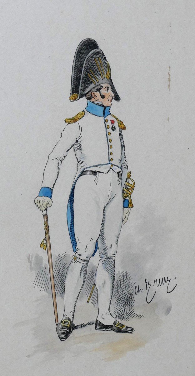 Charles BRUN 1825-1908 Portrait d'un officier du 14e cuirassiers 1810, dessin, Napoléon, Empire