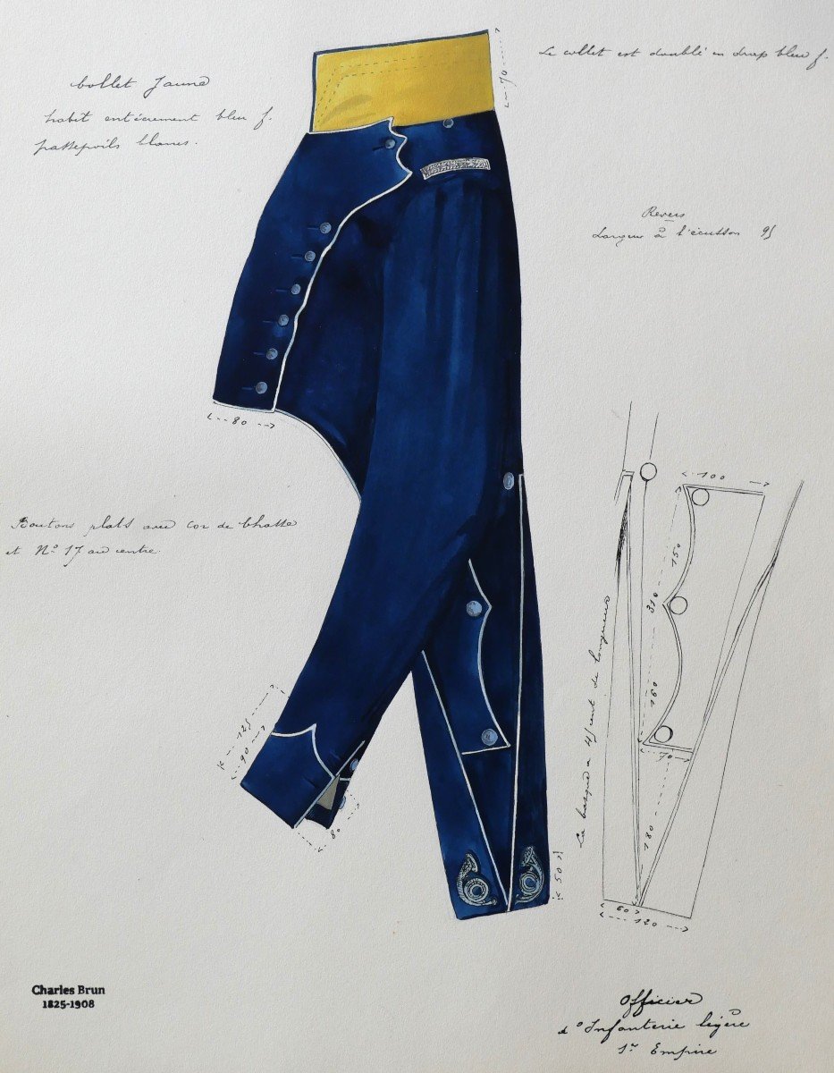 Charles BRUN 1825-1908 Uniforme d'officier d'Infanterie légère, dessin, Napoléon, Empire
