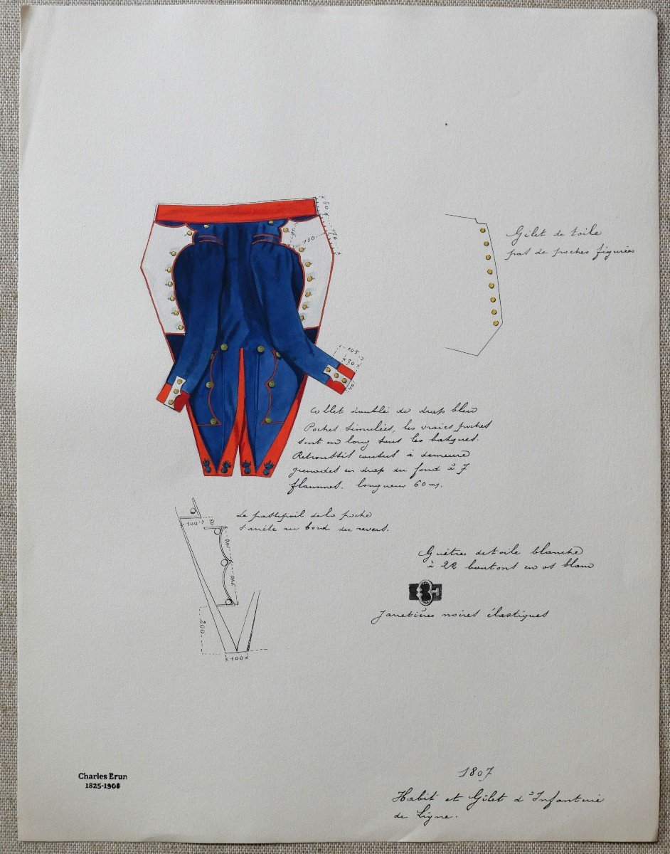 Charles Brun 1825-1908 Line Infantry Uniform 1807, Drawing, Napoleon, Empire-photo-3