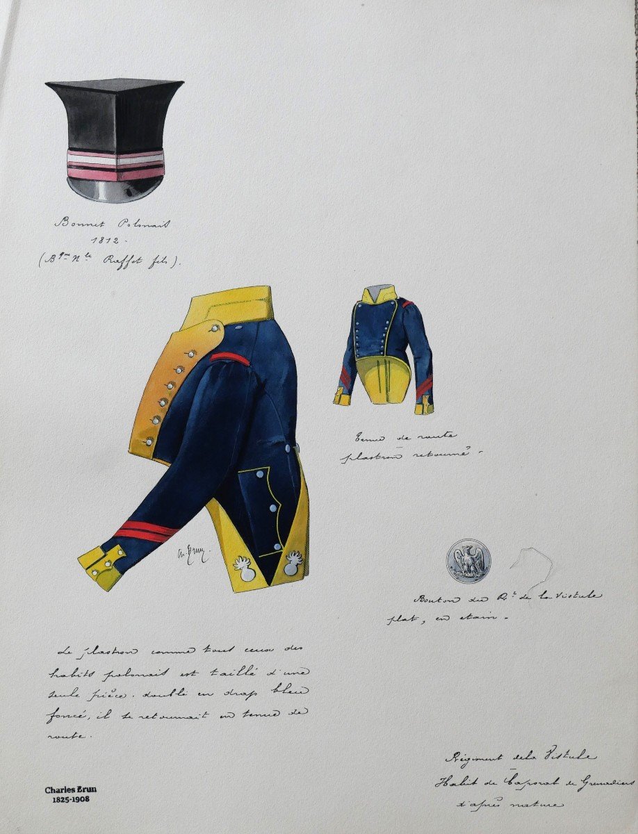 Charles Brun 1825-1908 Uniform Of Corporal Of Grenadiers, Vistula, Drawing, Napoleon, Empire