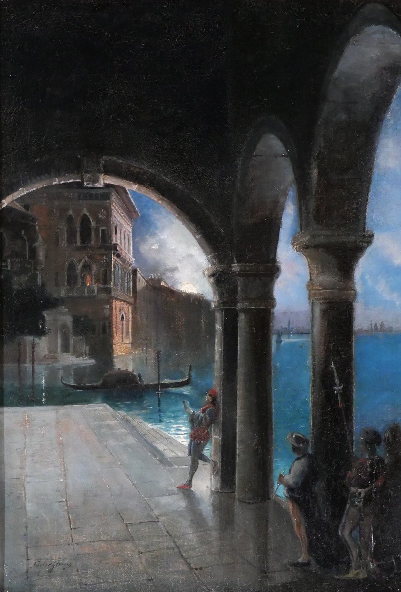 Guino Fedreghini 1861-1945 Venise, scène nocturne, tableau, 1888-photo-2
