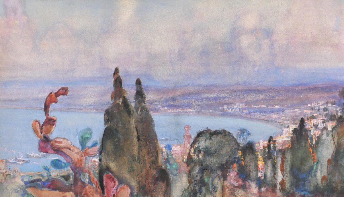 Charles Michel 1874-1967 Algeria, The Bay Of Algiers, Large Drawing, Circa 1930-photo-1