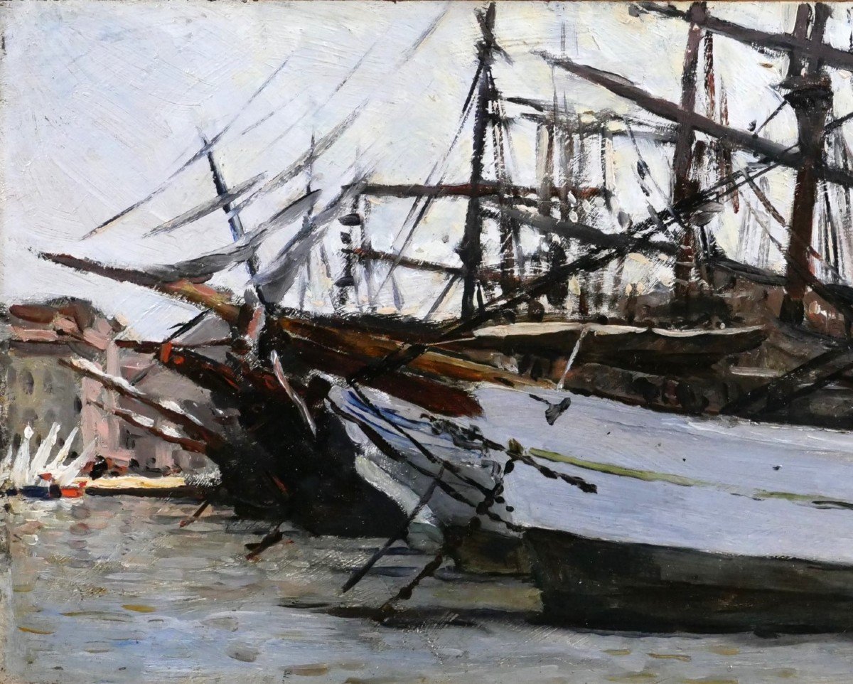 Alexandre Brun 1853 -1941 Marseille, The Old Port And The Prows Of The Boats, Painting, 1879-photo-3