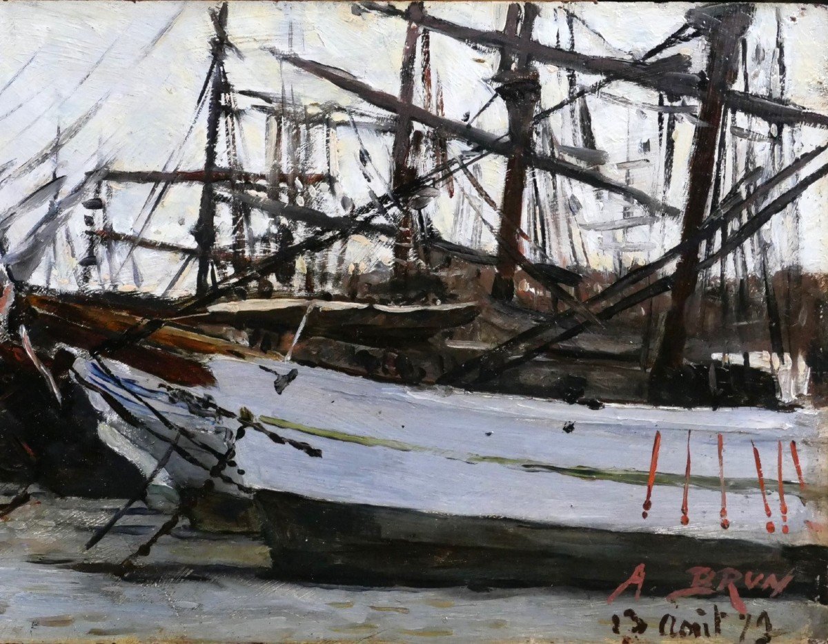 Alexandre Brun 1853 -1941 Marseille, The Old Port And The Prows Of The Boats, Painting, 1879-photo-4