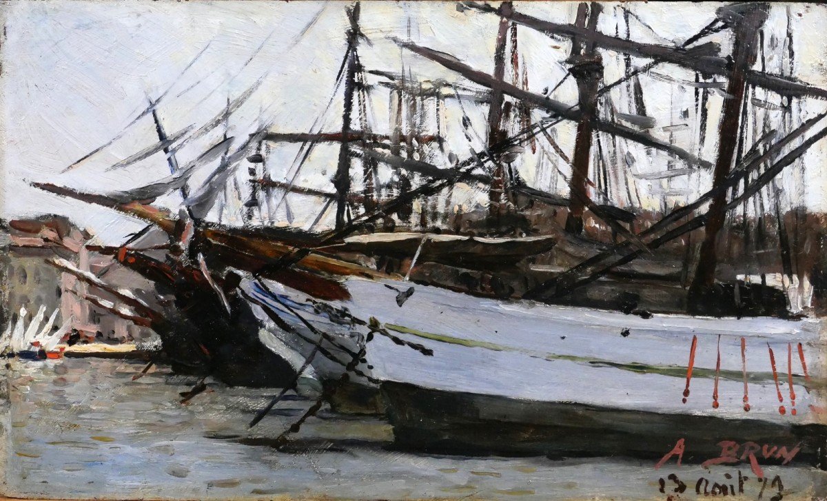 Alexandre Brun 1853 -1941 Marseille, The Old Port And The Prows Of The Boats, Painting, 1879