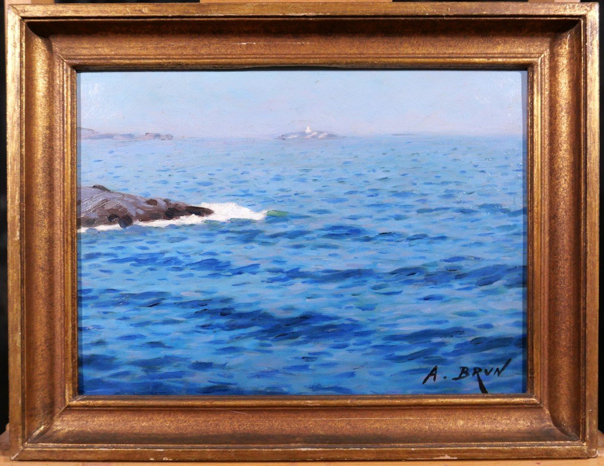 Alexandre Brun 1853-1941 Seascape, Marseille? Toulon? Painting, Around 1900-photo-2