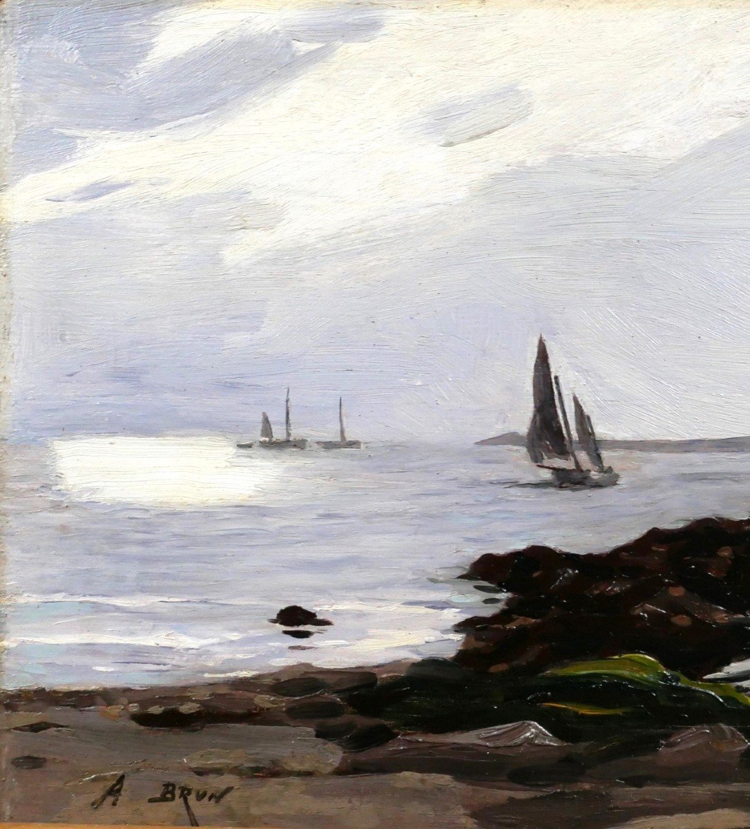 Alexandre BRUN 1853-1941 Paysage de mer, jeux de lumière, tableau, vers 1900-photo-3