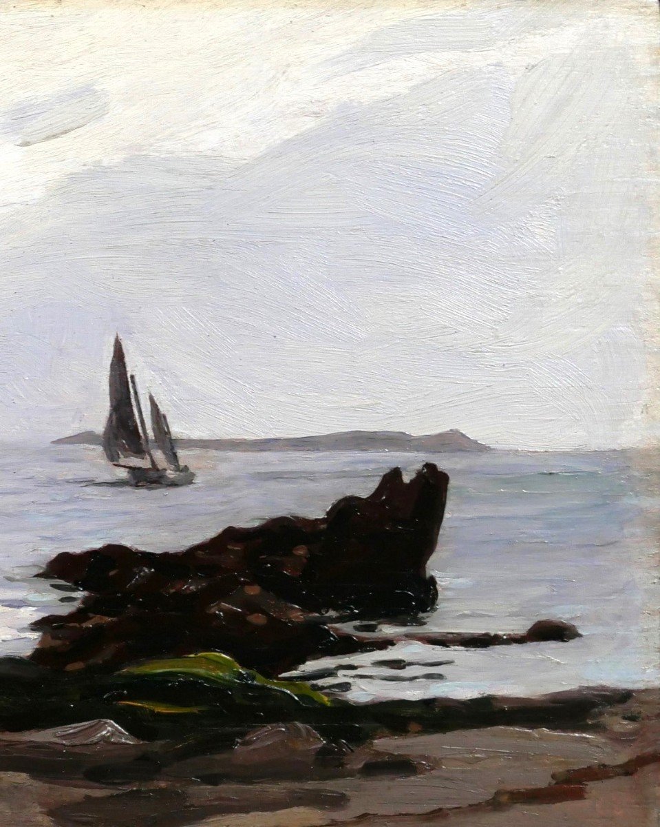 Alexandre BRUN 1853-1941 Paysage de mer, jeux de lumière, tableau, vers 1900-photo-4