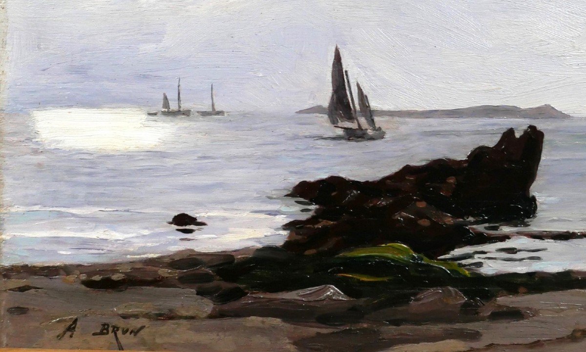 Alexandre BRUN 1853-1941 Paysage de mer, jeux de lumière, tableau, vers 1900-photo-4