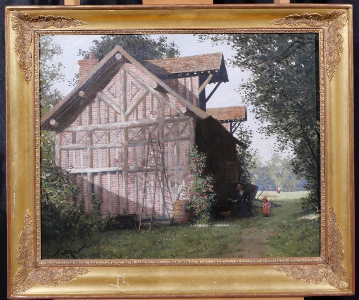 Alexandre Brun 1853-1941 Normandy, The Half-timbered House, Painting, Circa 1900-photo-2