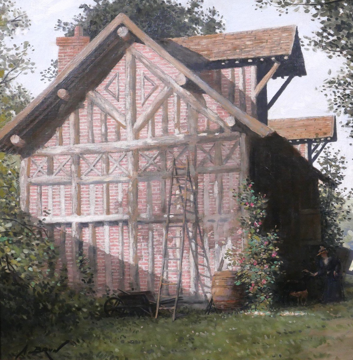 Alexandre Brun 1853-1941 Normandy, The Half-timbered House, Painting, Circa 1900-photo-3
