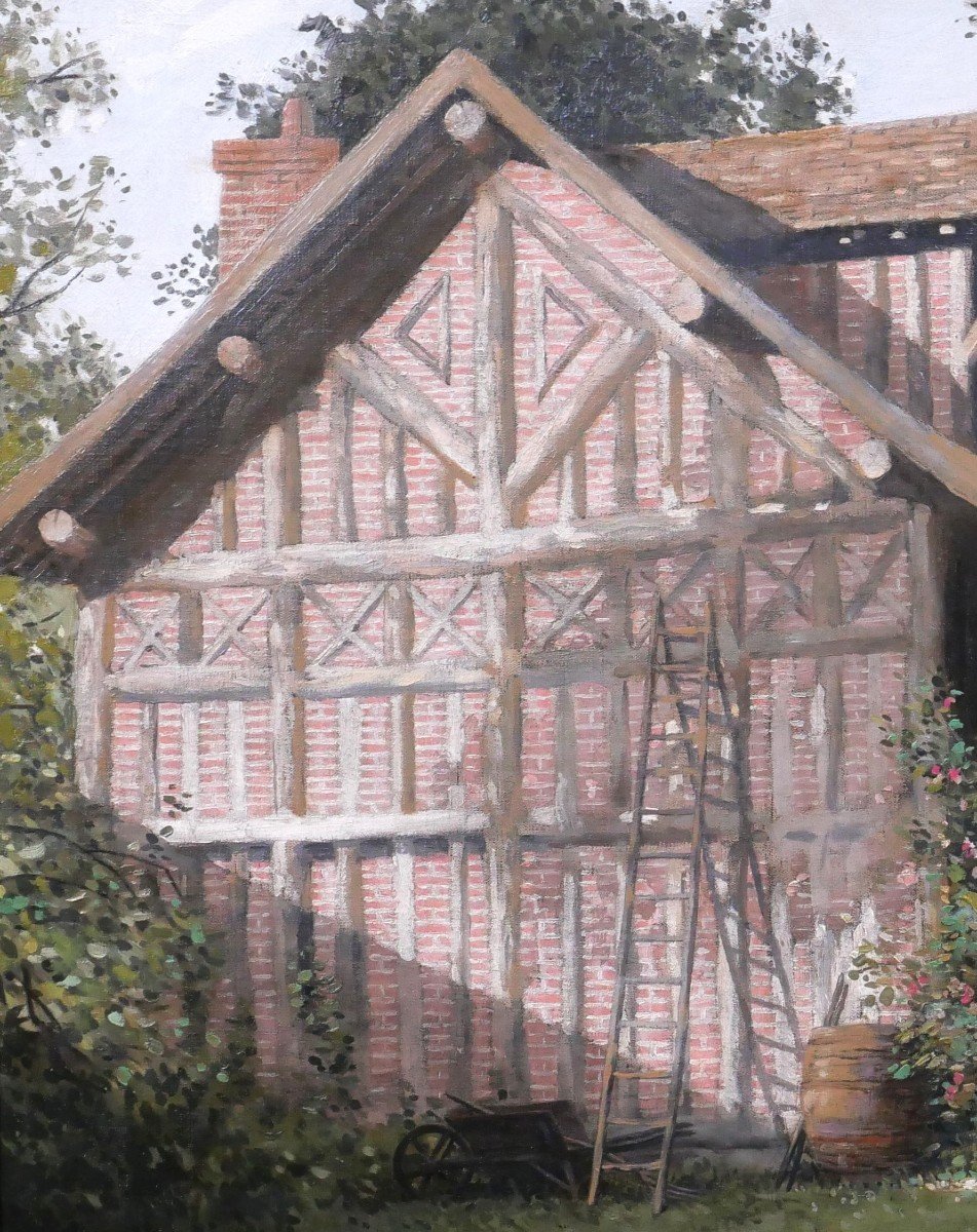 Alexandre Brun 1853-1941 Normandy, The Half-timbered House, Painting, Circa 1900-photo-1