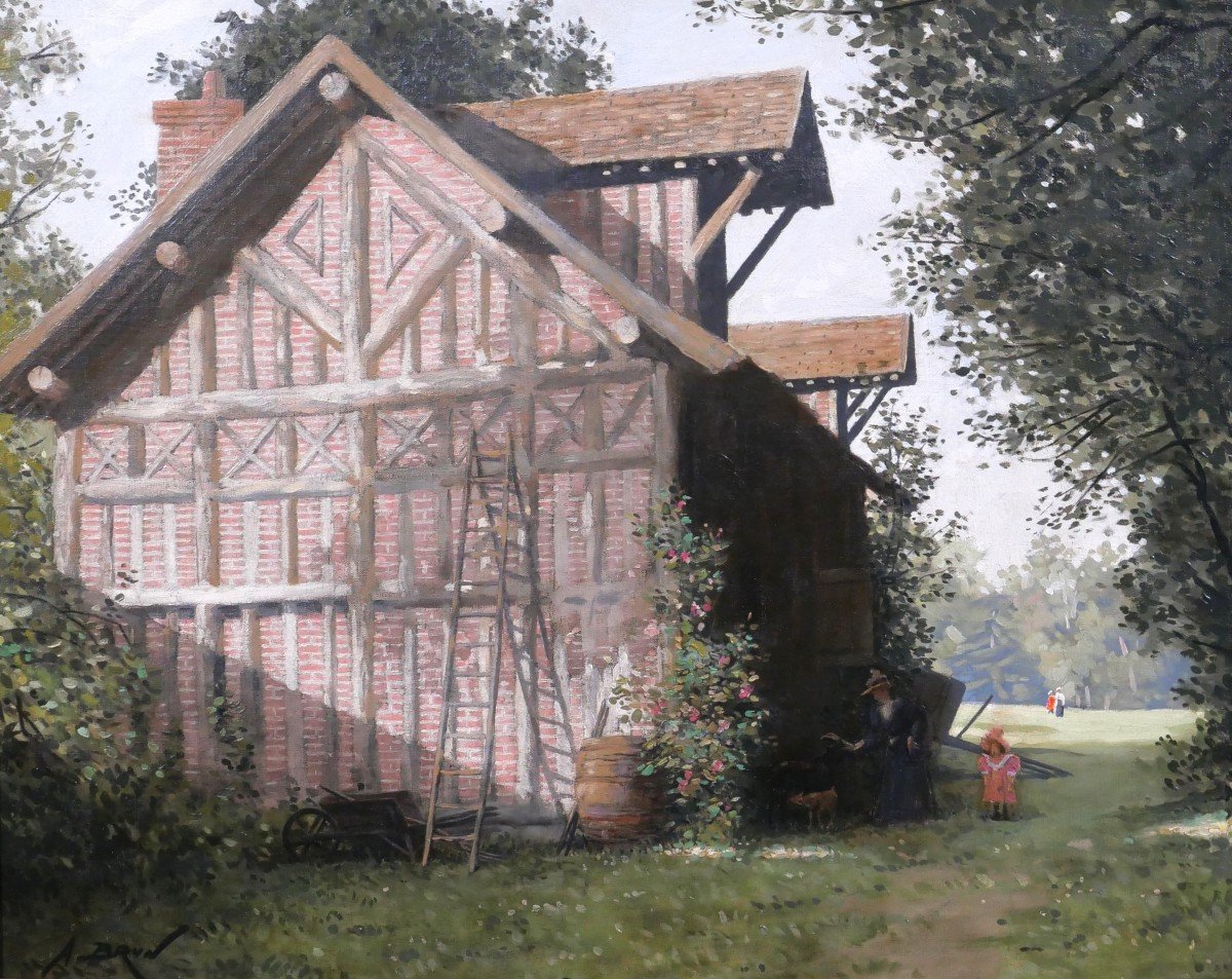 Alexandre Brun 1853-1941 Normandy, The Half-timbered House, Painting, Circa 1900