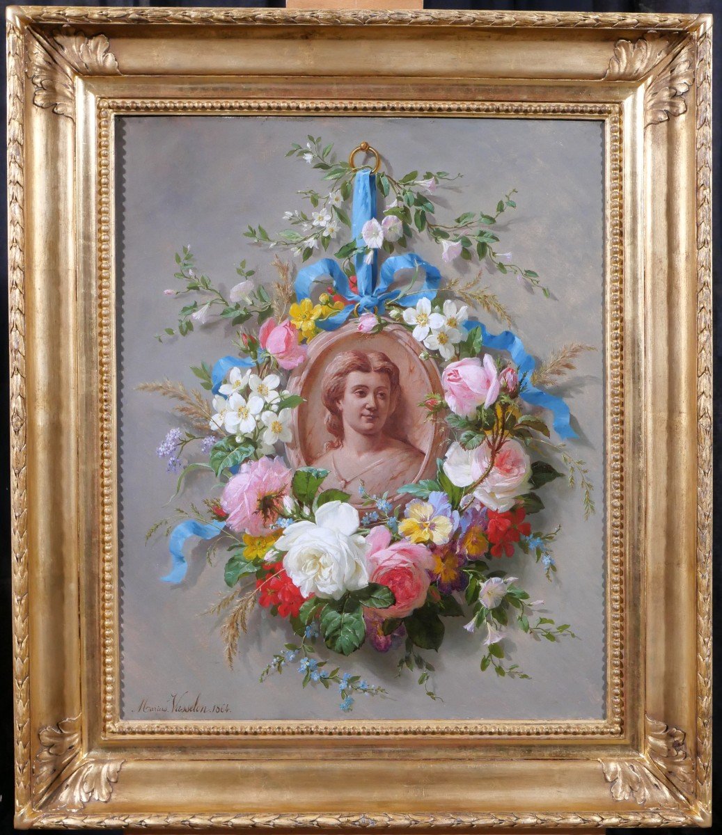 Marius VASSELON 1841-1924 Nature morte de fleurs d'été au portrait de femme, tableau, 1864-photo-2