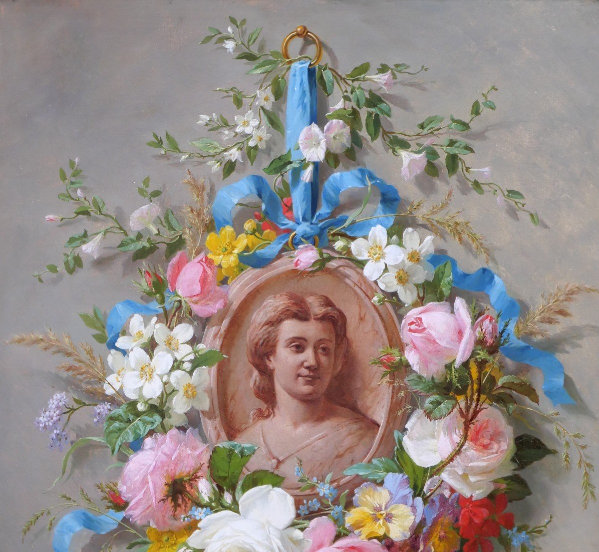 Marius VASSELON 1841-1924 Nature morte de fleurs d'été au portrait de femme, tableau, 1864-photo-3