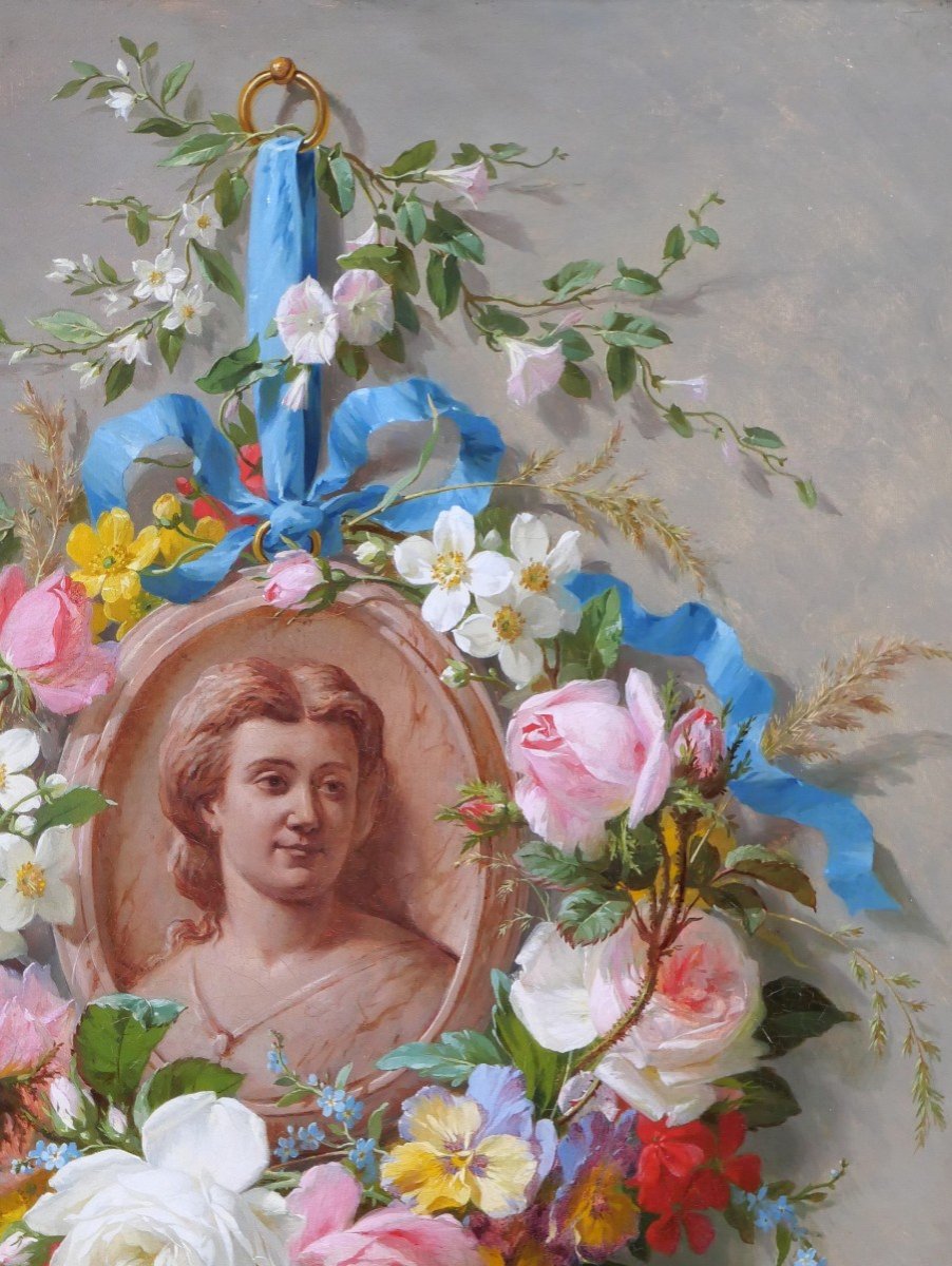 Marius VASSELON 1841-1924 Nature morte de fleurs d'été au portrait de femme, tableau, 1864-photo-2