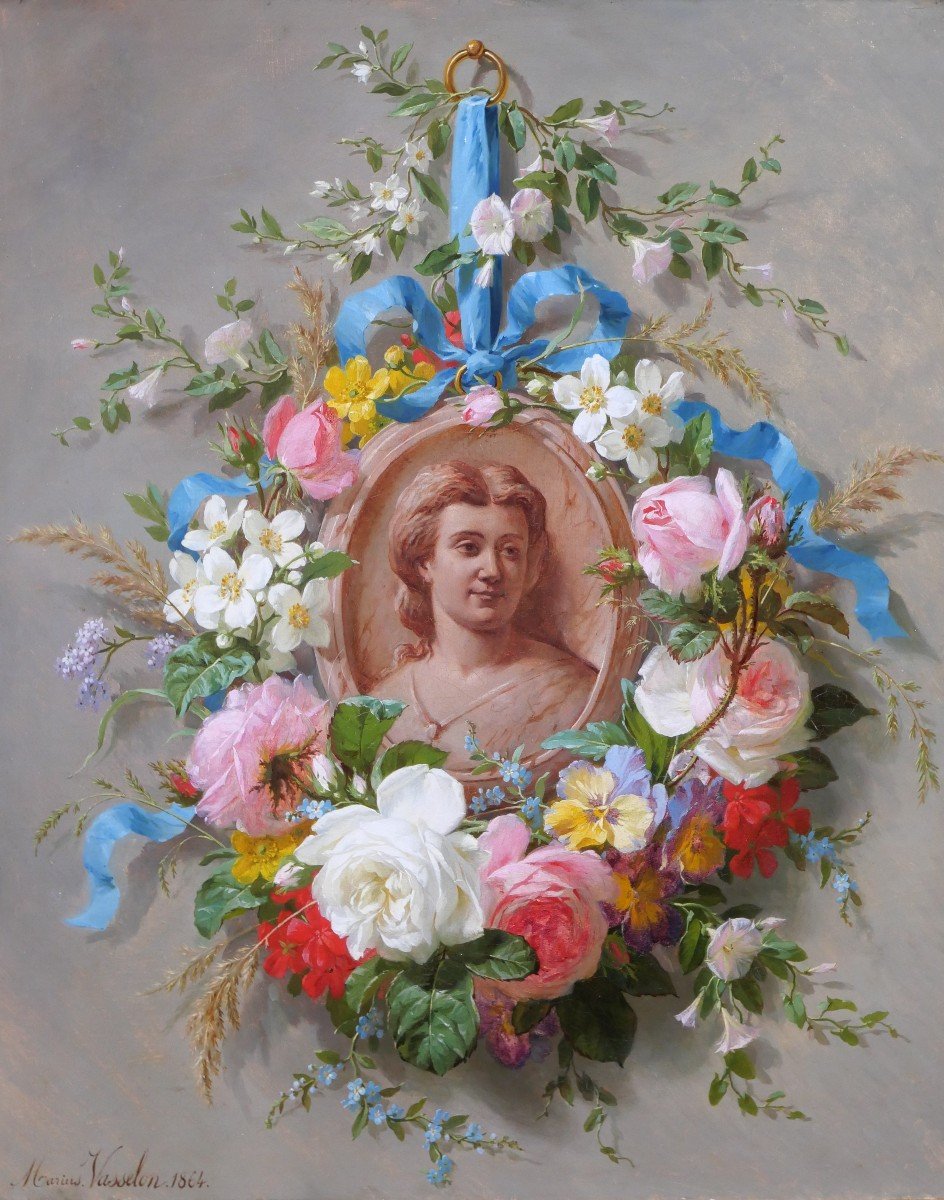 Marius VASSELON 1841-1924 Nature morte de fleurs d'été au portrait de femme, tableau, 1864