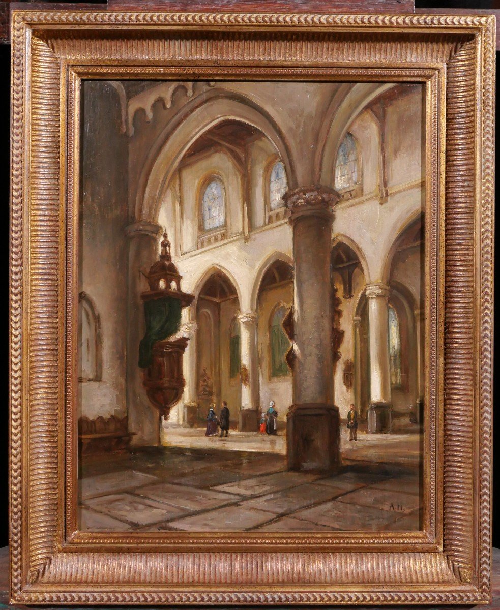 Adolphe HERVIER 1818-1879 Eglise en Normandie ou en Picardie, tableau, vers 1850-60-photo-2