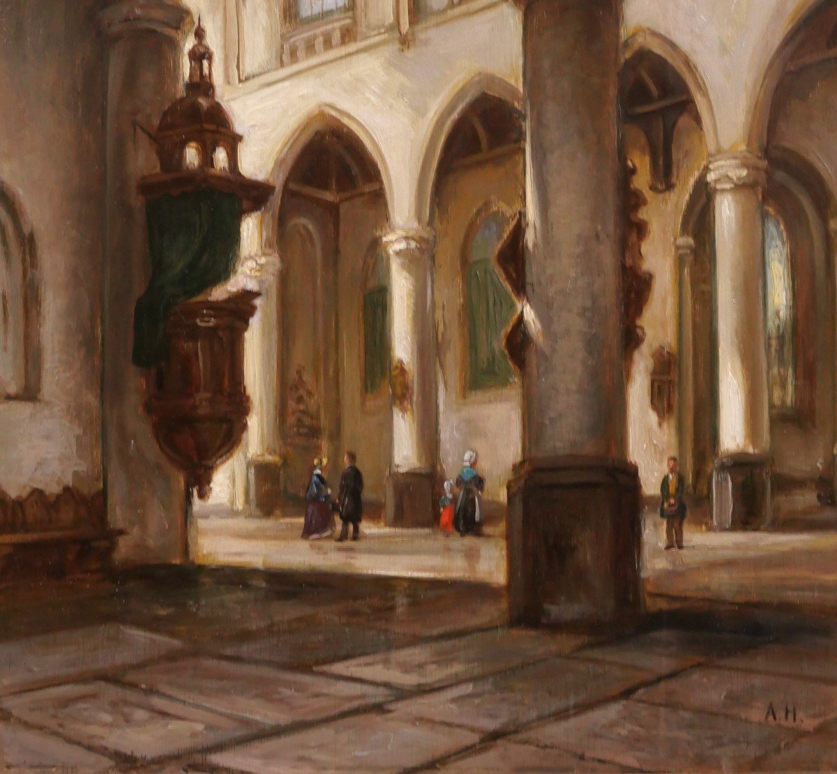 Adolphe HERVIER 1818-1879 Eglise en Normandie ou en Picardie, tableau, vers 1850-60-photo-4