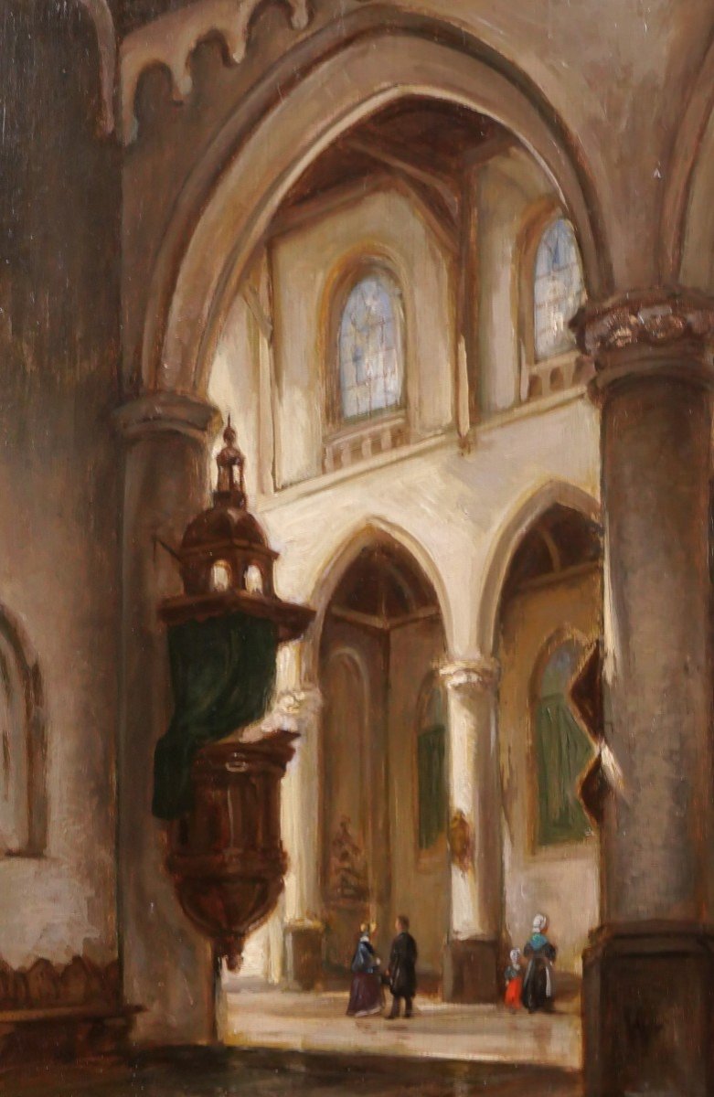 Adolphe HERVIER 1818-1879 Eglise en Normandie ou en Picardie, tableau, vers 1850-60-photo-1