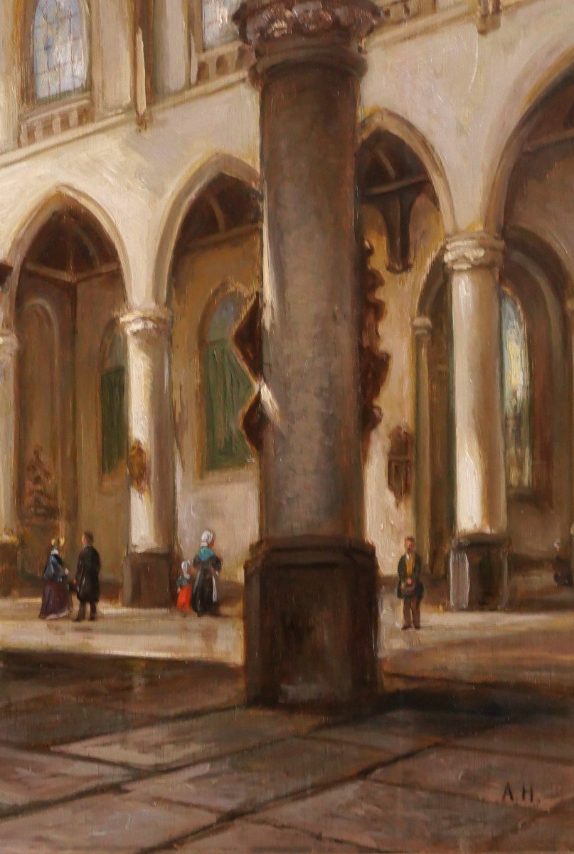 Adolphe HERVIER 1818-1879 Eglise en Normandie ou en Picardie, tableau, vers 1850-60-photo-3
