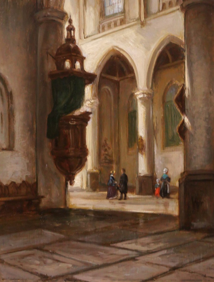 Adolphe HERVIER 1818-1879 Eglise en Normandie ou en Picardie, tableau, vers 1850-60-photo-4