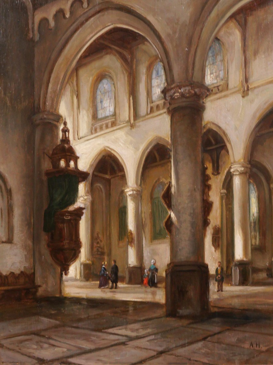 Adolphe HERVIER 1818-1879 Eglise en Normandie ou en Picardie, tableau, vers 1850-60