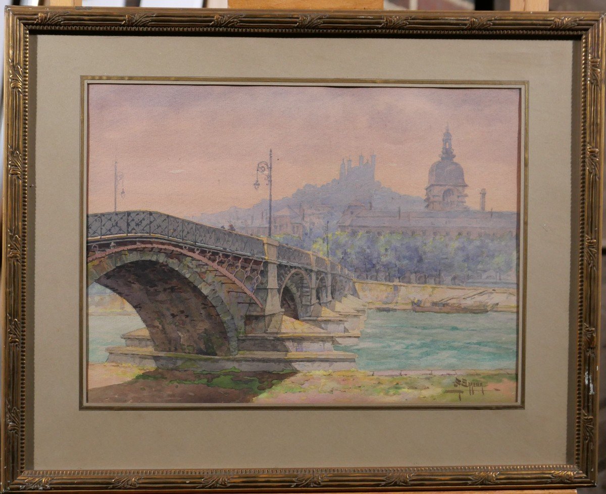 Antoine Barbier 1859-1948 Lyon, The Guillotière Bridge And The Hôtel-dieu, Drawing, Circa 1900-photo-2