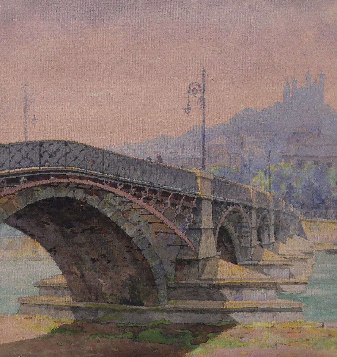 Antoine Barbier 1859-1948 Lyon, The Guillotière Bridge And The Hôtel-dieu, Drawing, Circa 1900-photo-3