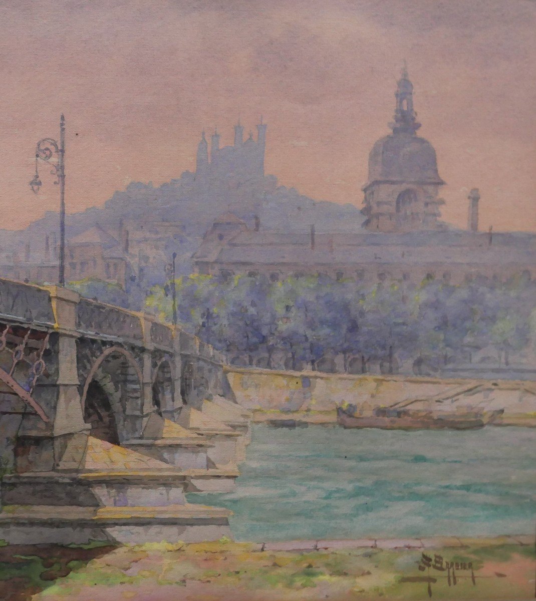Antoine BARBIER 1859-1948 Lyon, le pont de la Guillotière et l'Hôtel-Dieu, dessin, vers 1900-photo-4