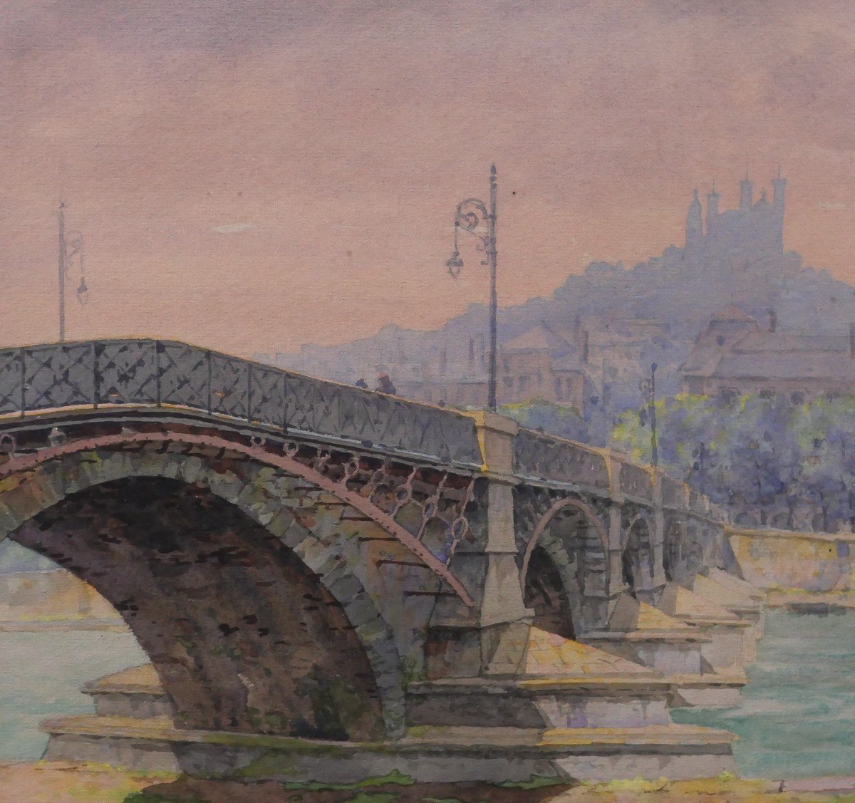 Antoine Barbier 1859-1948 Lyon, The Guillotière Bridge And The Hôtel-dieu, Drawing, Circa 1900-photo-1