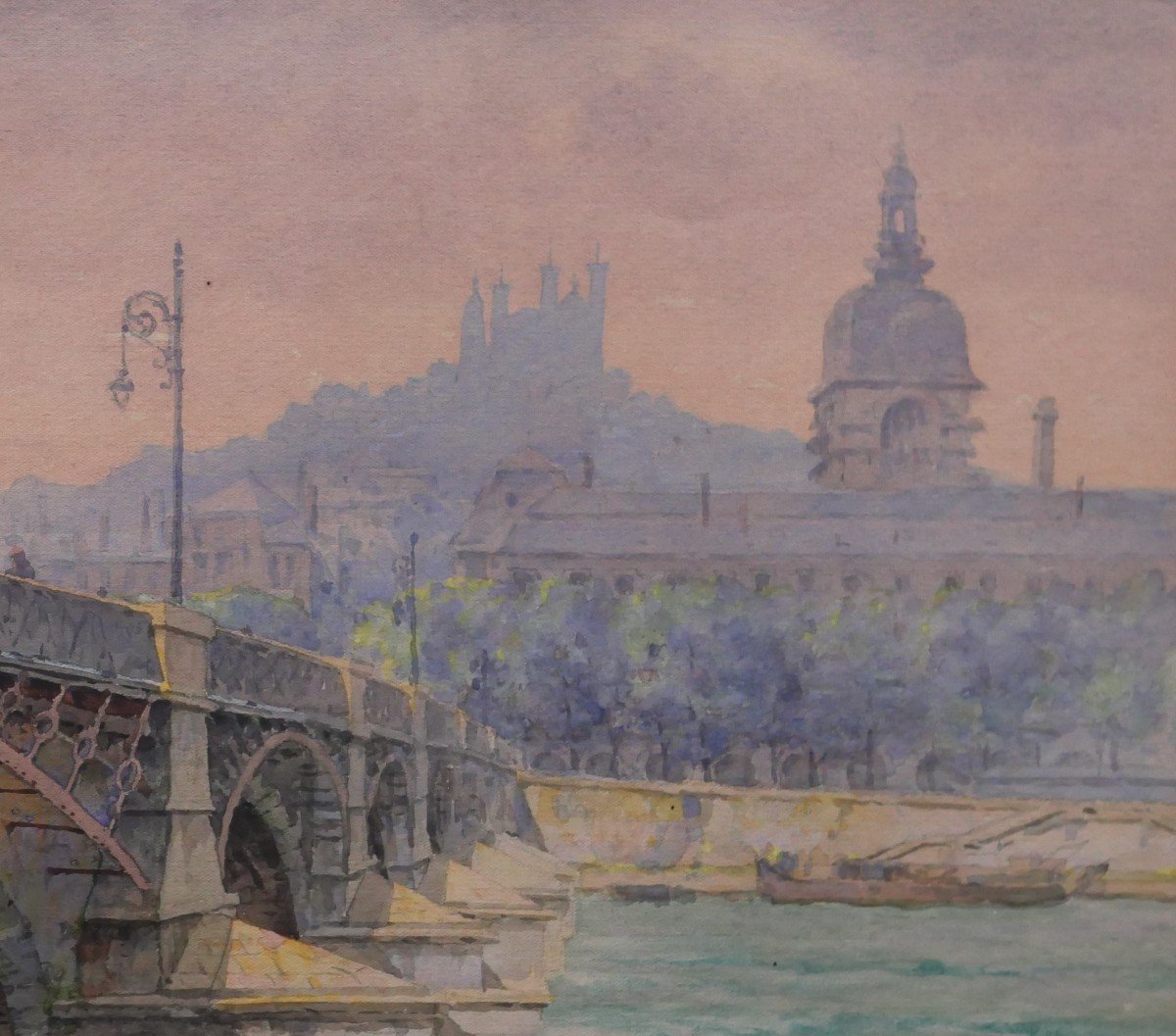 Antoine Barbier 1859-1948 Lyon, The Guillotière Bridge And The Hôtel-dieu, Drawing, Circa 1900-photo-2