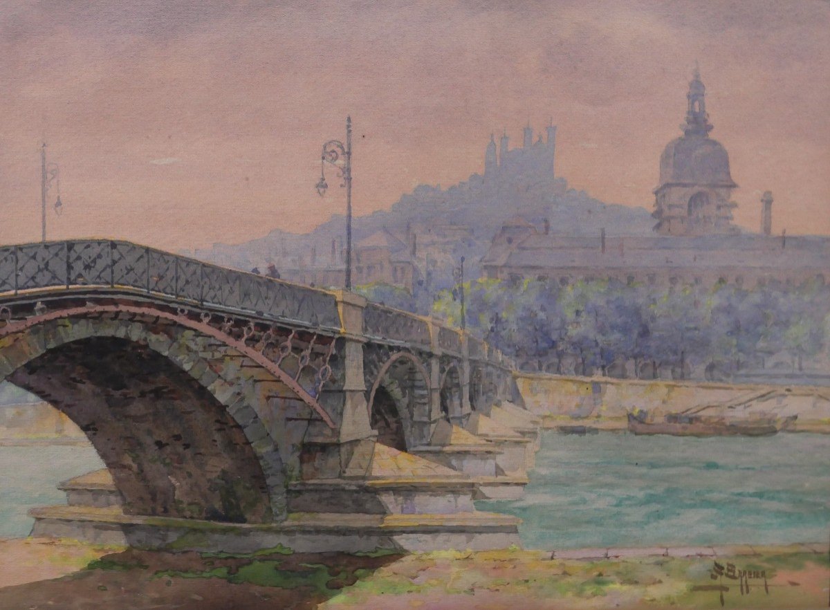 Antoine BARBIER 1859-1948 Lyon, le pont de la Guillotière et l'Hôtel-Dieu, dessin, vers 1900