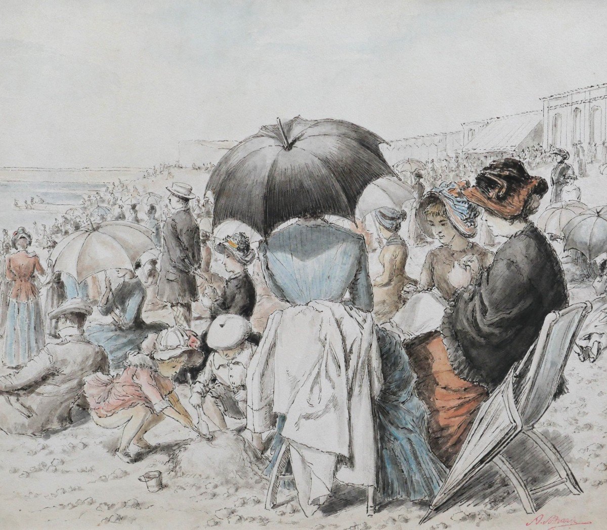 Adrien Emmanuel MARIE 1848-1891 Un après-midi à la plage, dessin, vers 1880