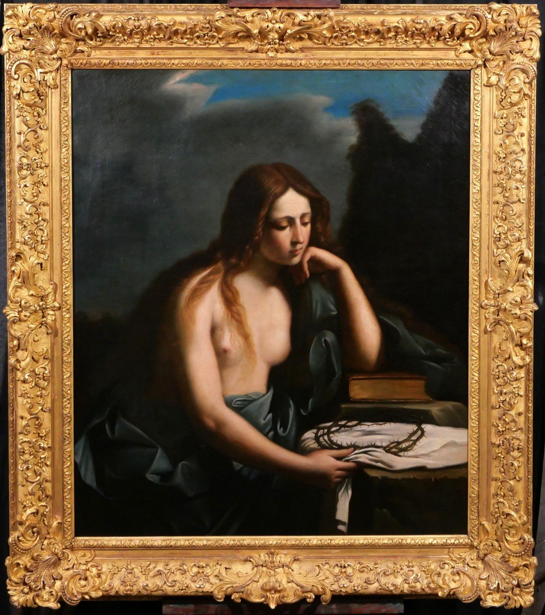 Luigi Barone 19th Penitent Mary Magdalene, Large Painting, Circa 1850-60-photo-2