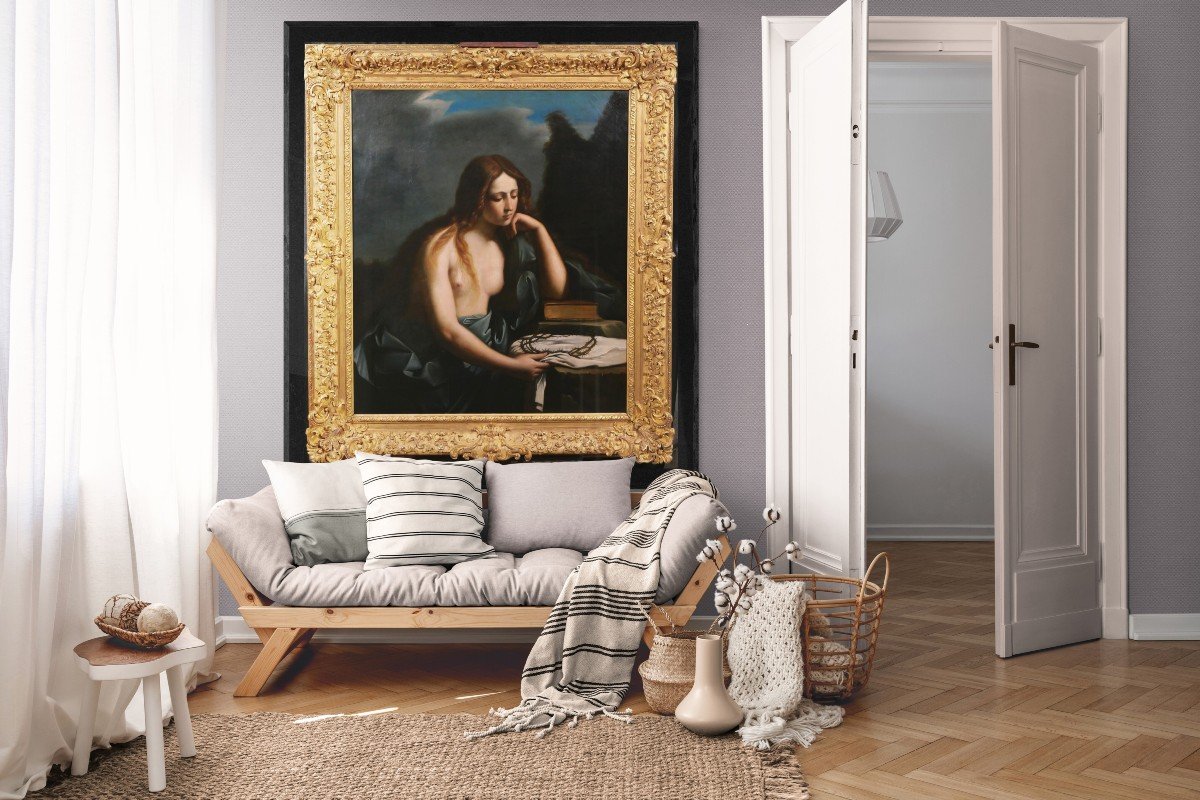 Luigi Barone 19th Penitent Mary Magdalene, Large Painting, Circa 1850-60-photo-3