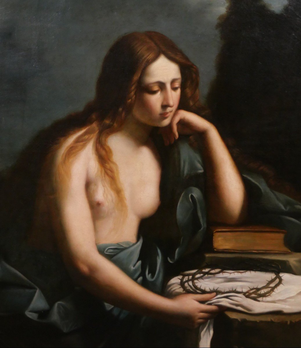 Luigi Barone 19th Penitent Mary Magdalene, Large Painting, Circa 1850-60-photo-1