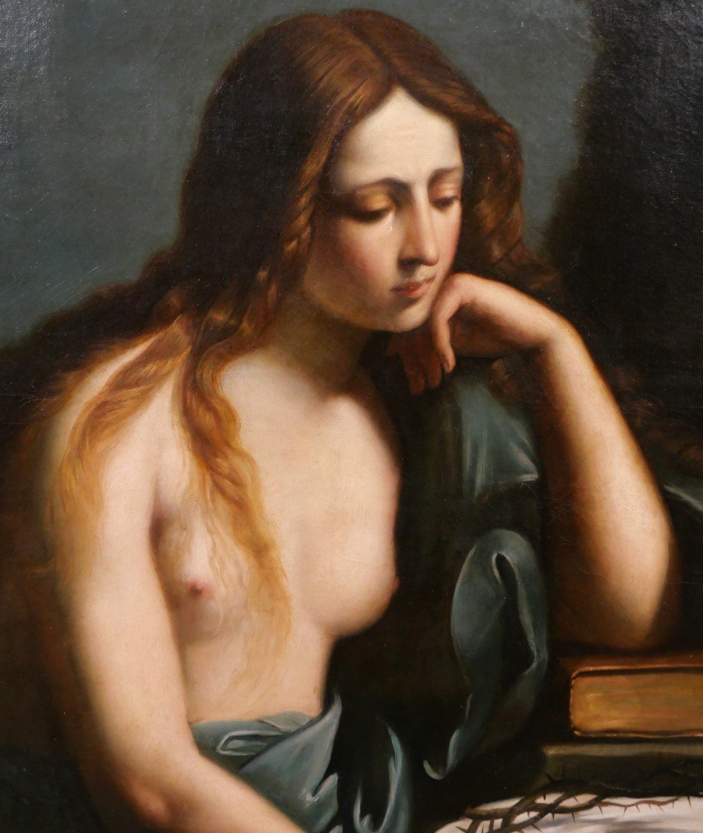 Luigi Barone 19th Penitent Mary Magdalene, Large Painting, Circa 1850-60-photo-2