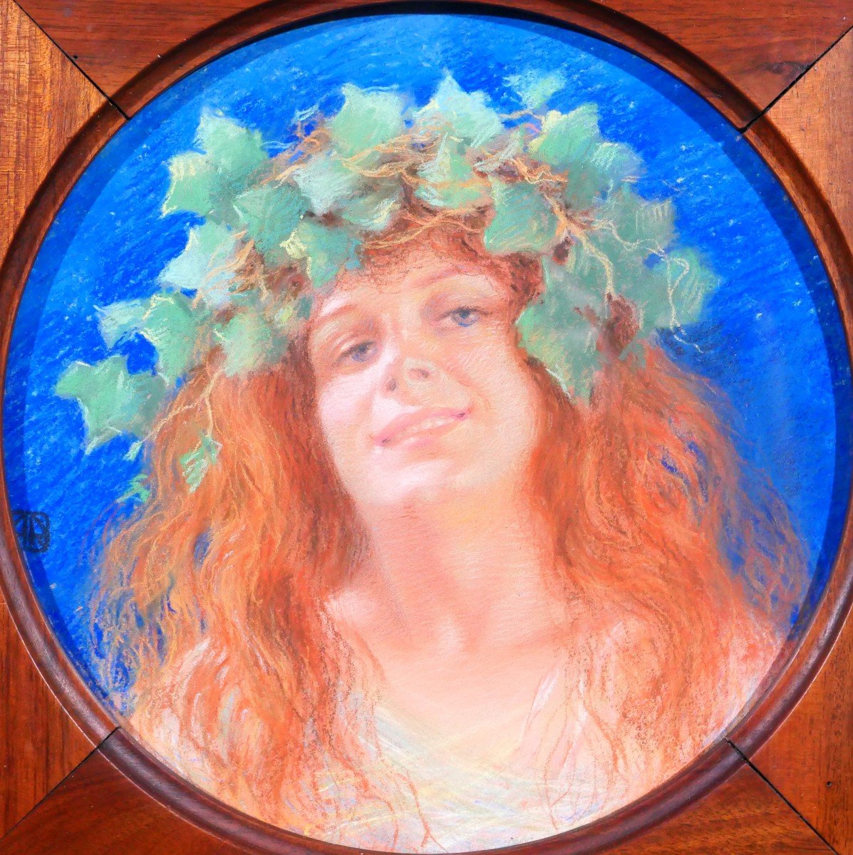 Ecole française vers 1890-1900 Portrait de femme avec une couronne, pastel, Art Nouveau