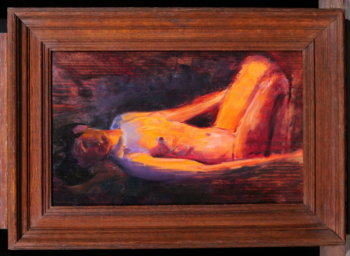 Emile Tremblay 1855-1935 Femme nue allongée, effet en mauve et orange, tableau, vers 1900-photo-2