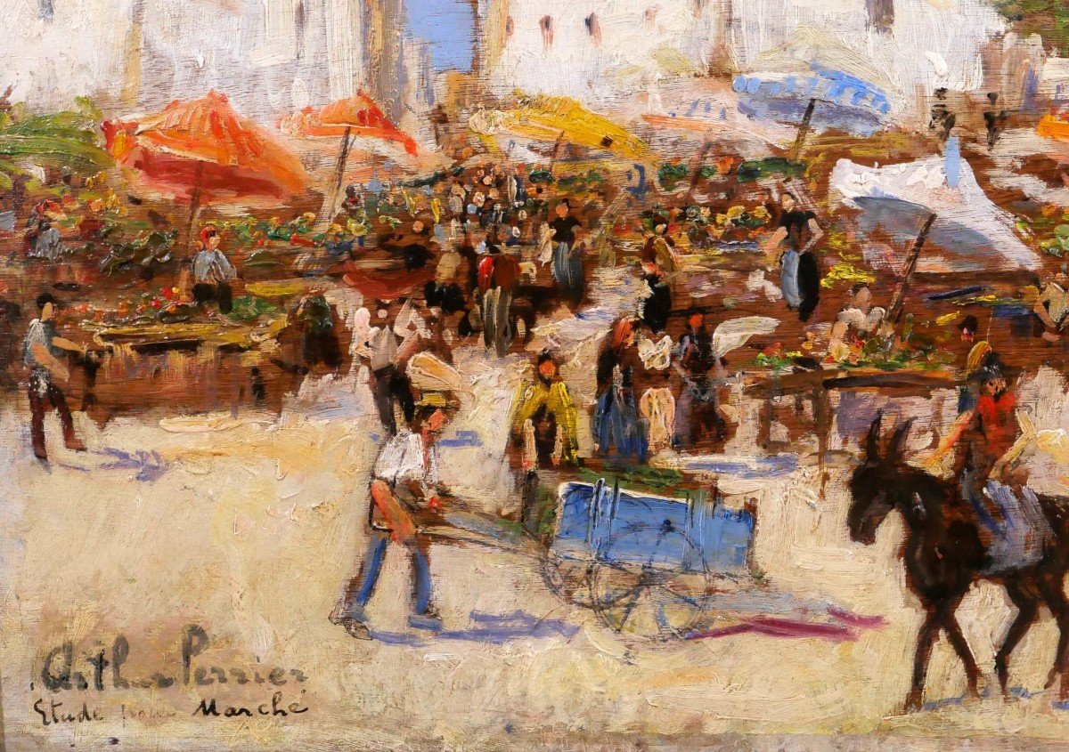 Arthur Perrier, Market Scene Landscape, Painting Circa 1930-photo-4