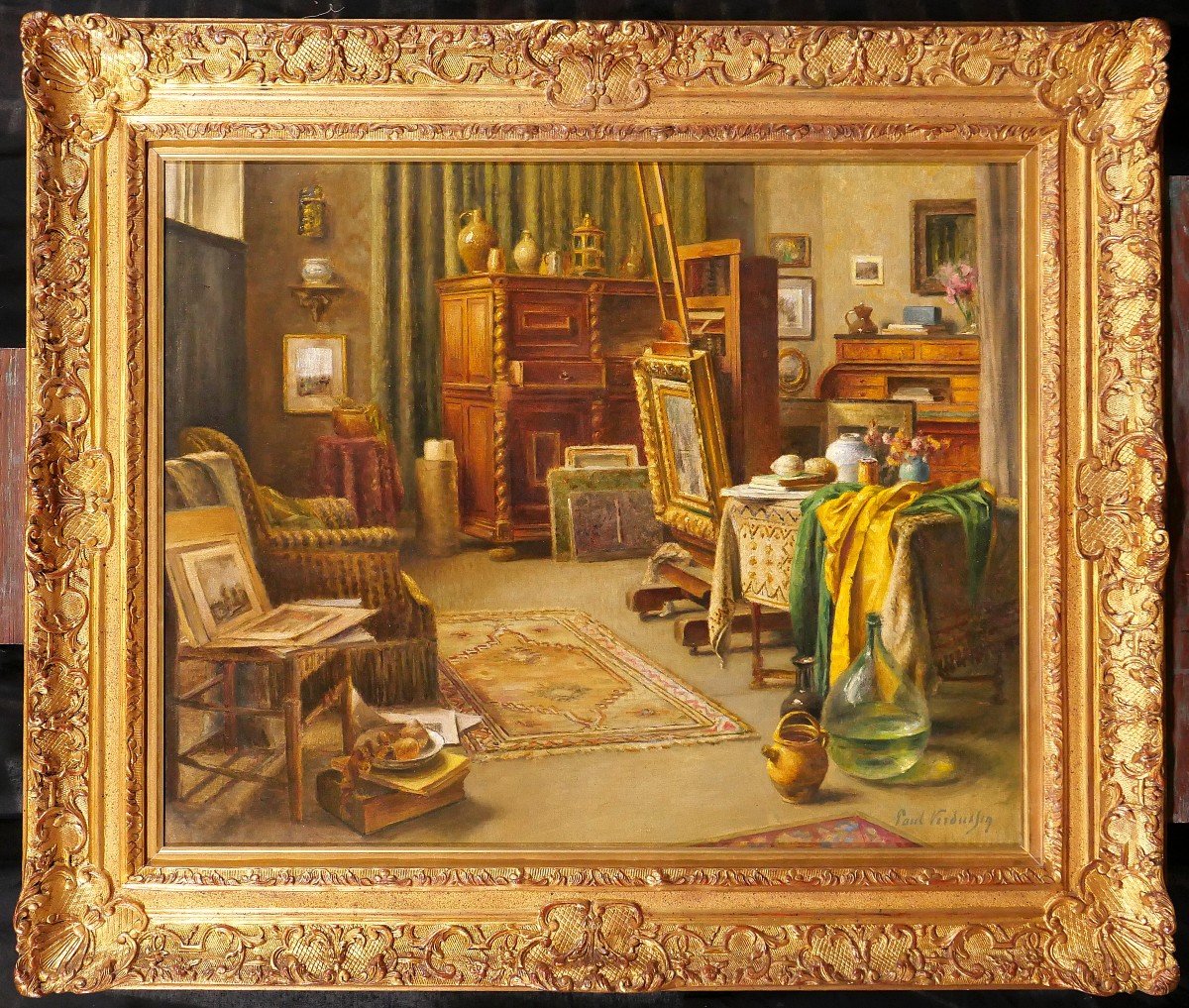 Paul Verdussen 1868-1944 L'atelier du peintre, intérieur, tableau, vers 1900, Belgique-photo-2