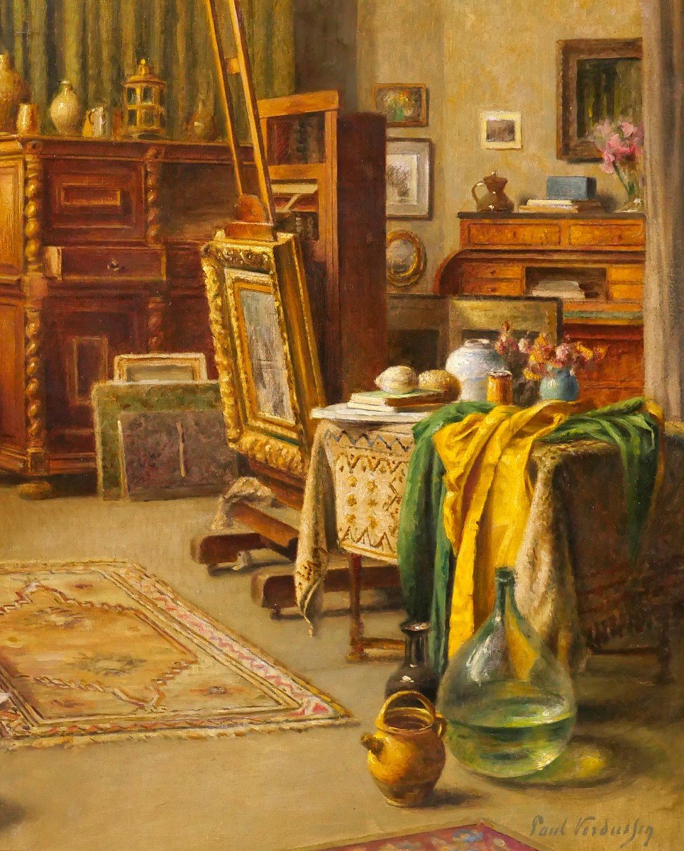 Paul Verdussen 1868-1944 L'atelier du peintre, intérieur, tableau, vers 1900, Belgique-photo-4