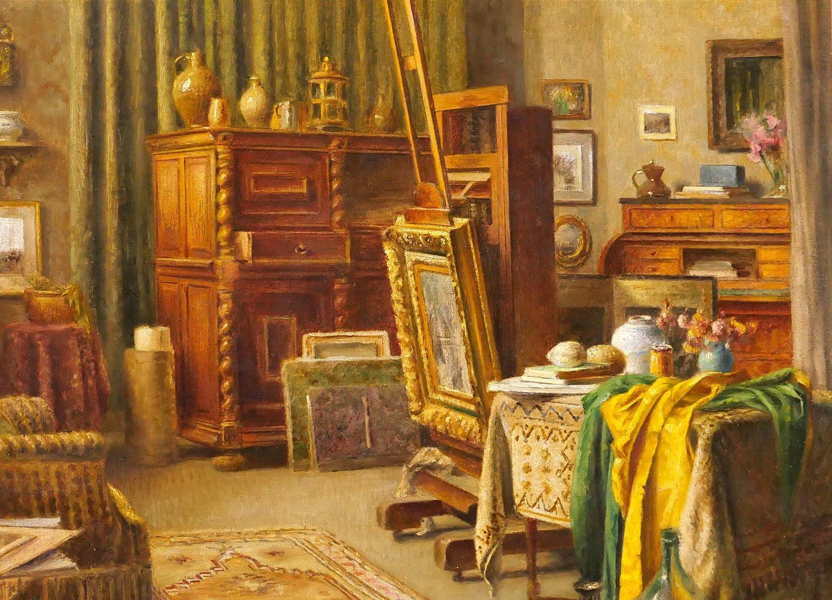 Paul Verdussen 1868-1944 L'atelier du peintre, intérieur, tableau, vers 1900, Belgique-photo-2